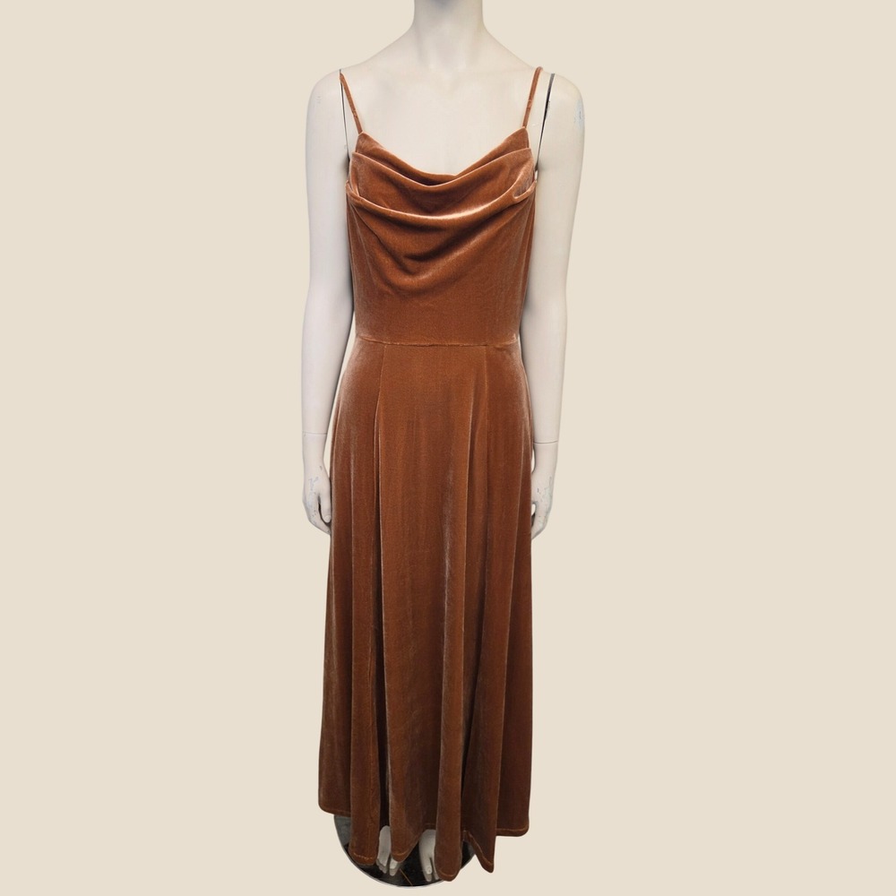 Copper Brown Velvet Velour Cowl Neck Maxi Dress Autumnal Earthtone Grunge Glam